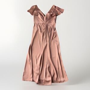 Azazie Soren Stretch Satin Rust Dress Size 14 V-Neck Flutter Sleeve Bridesmaid
